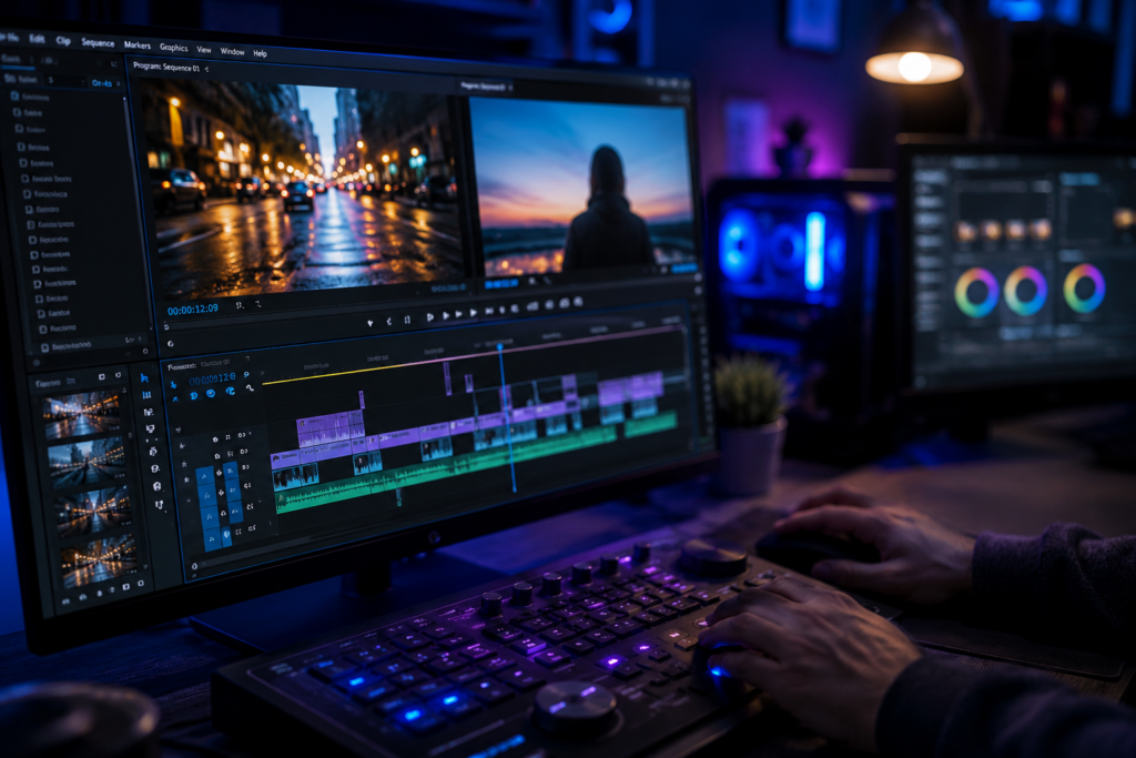 Professional video editor working on a cinematic project with video editing software and a multi-track timeline on a computer.