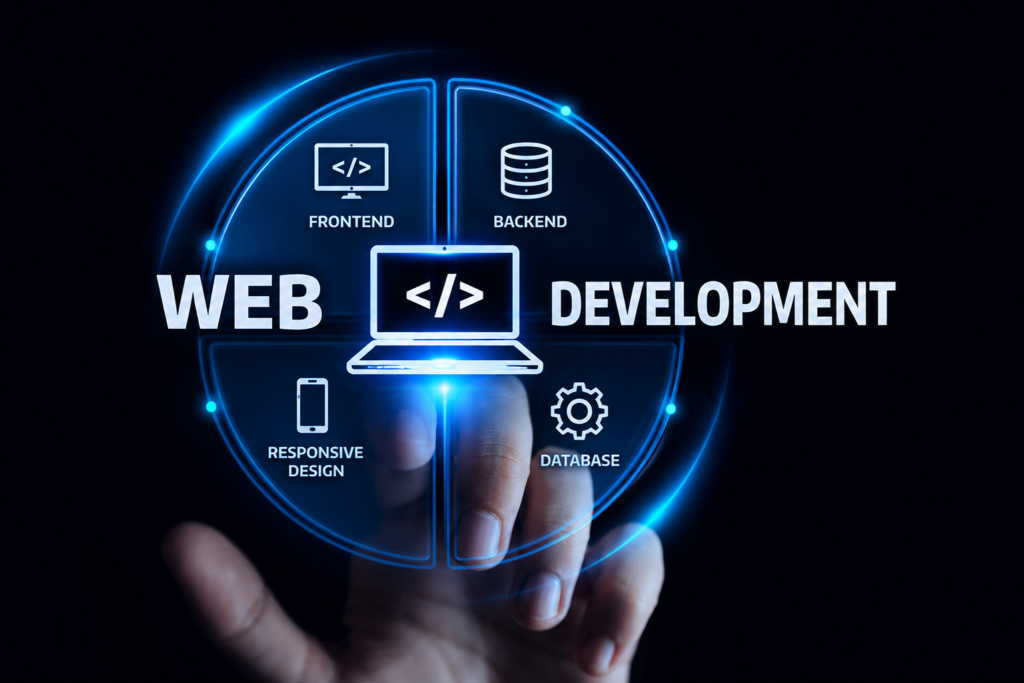 Web development concept featuring frontend, backend, responsive design, database, and coding elements.