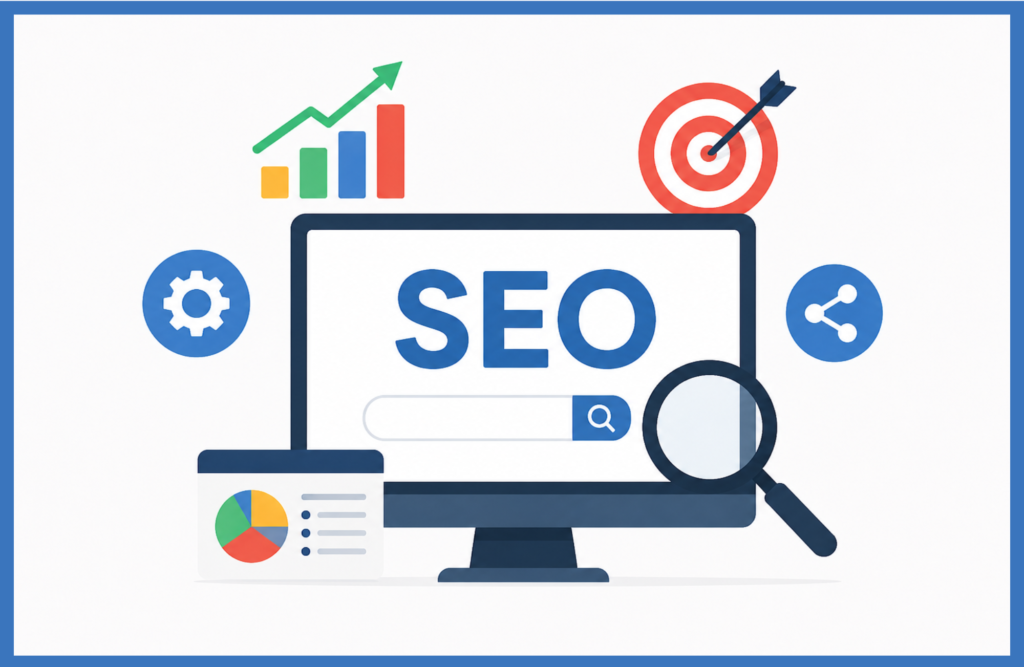 SEO illustration showing a computer screen with SEO text, search icon, analytics chart, target, and digital marketing symbols.