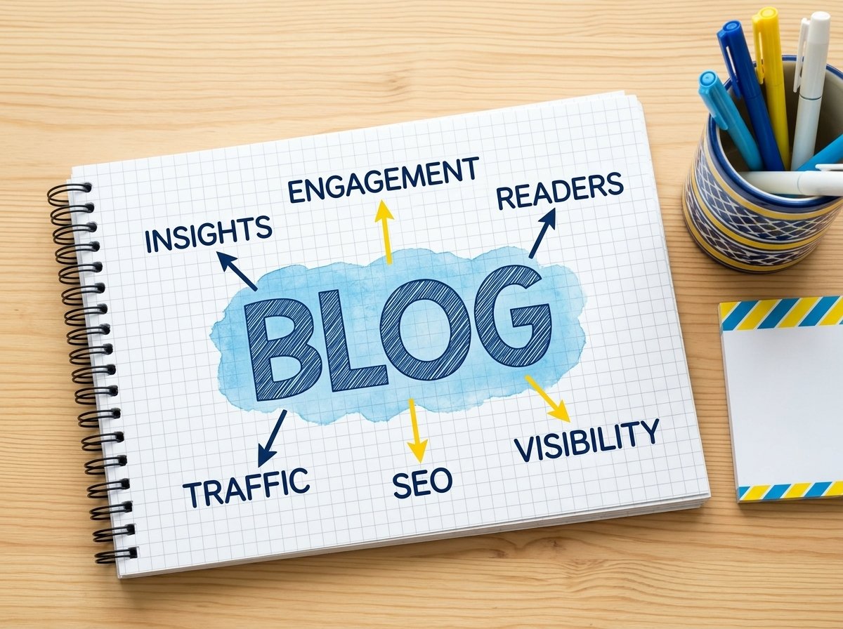 Hand-drawn blog concept notebook showing insights, engagement, traffic and SEO visibility