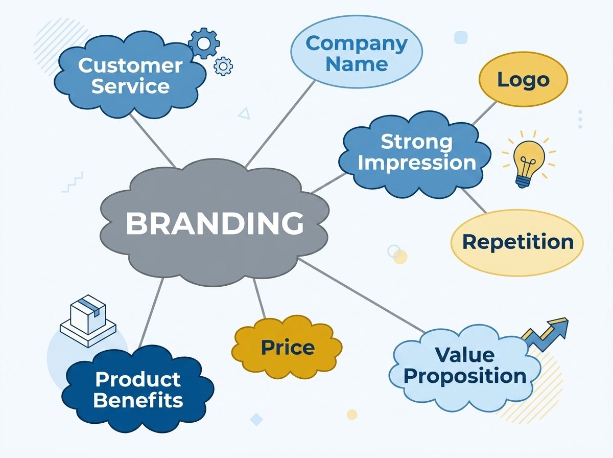 Branding strategy mind map showing logo, value proposition, and customer service by Dropnad