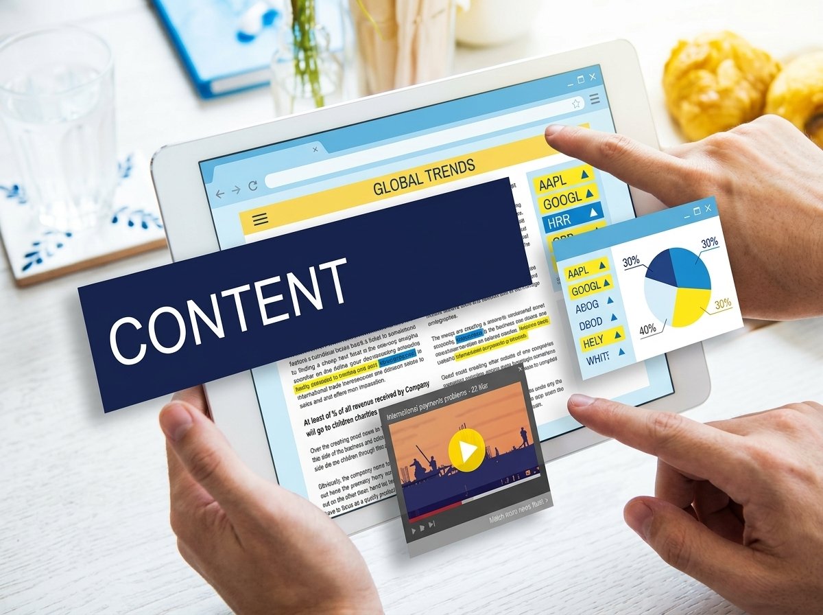 Hands analyzing content performance charts and global trends on a tablet screen for digital marketing