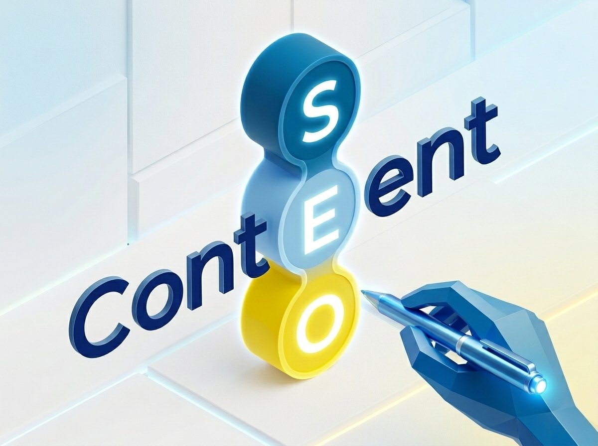 3D stylized text combining Content and SEO representing integrated digital marketing services