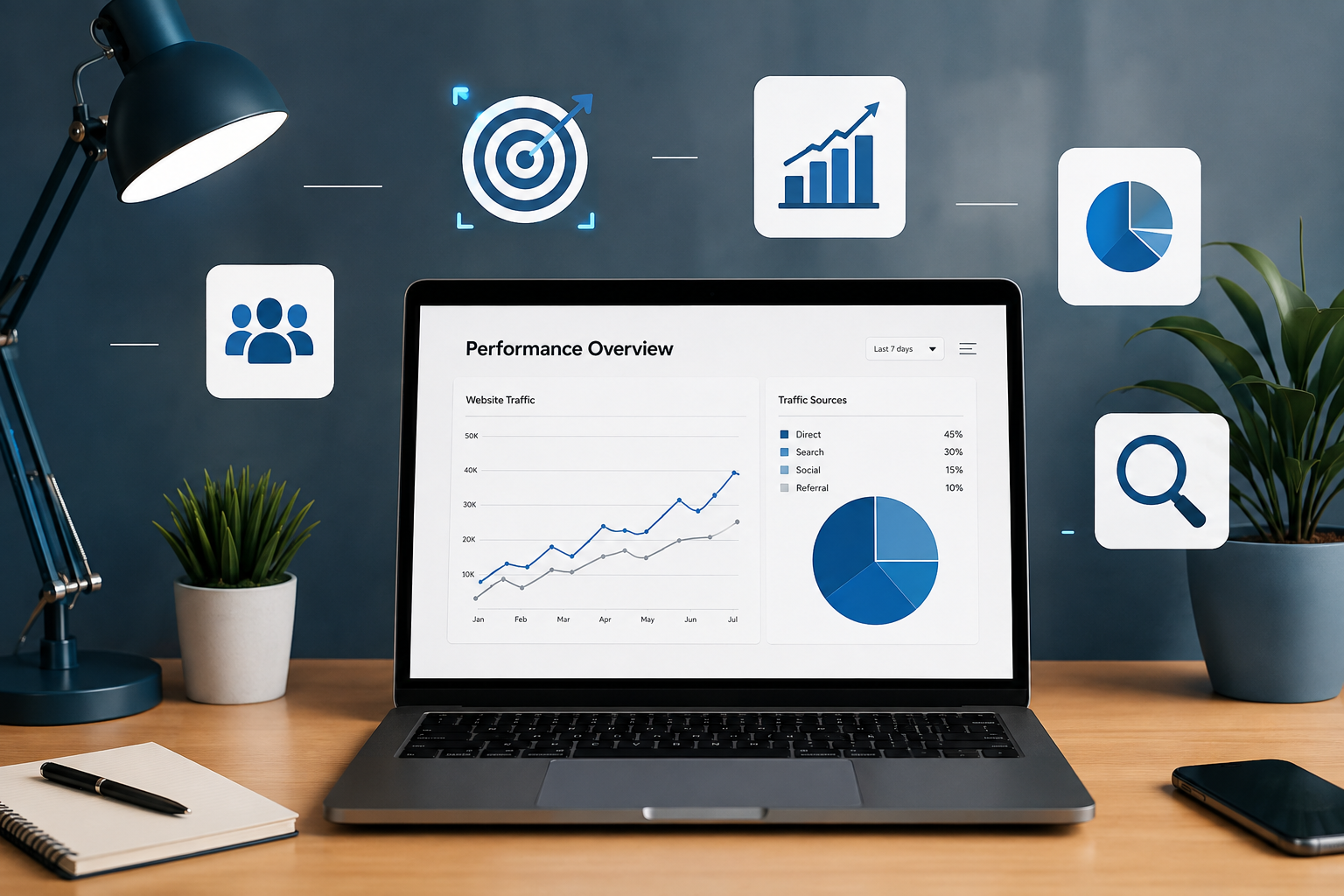 Digital marketing analytics dashboard showing business growth data