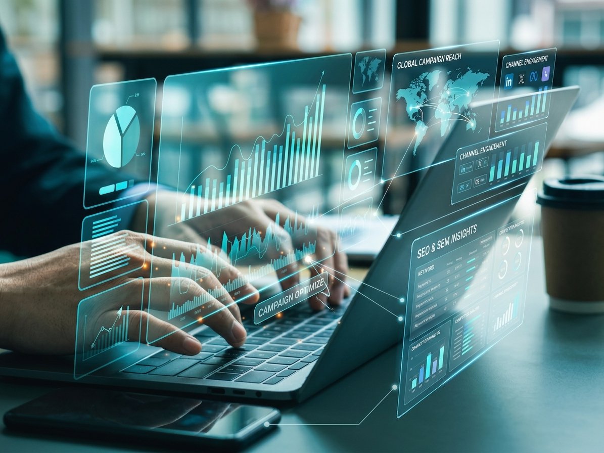 A person typing on a laptop with holographic digital marketing graphics, SEO analytics charts, global campaign reach maps, and social media engagement icons layered over the screen.