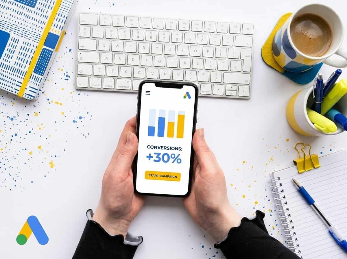 Person holding smartphone displaying Google Ads dashboard with 30 percent conversion increase and start campaign button