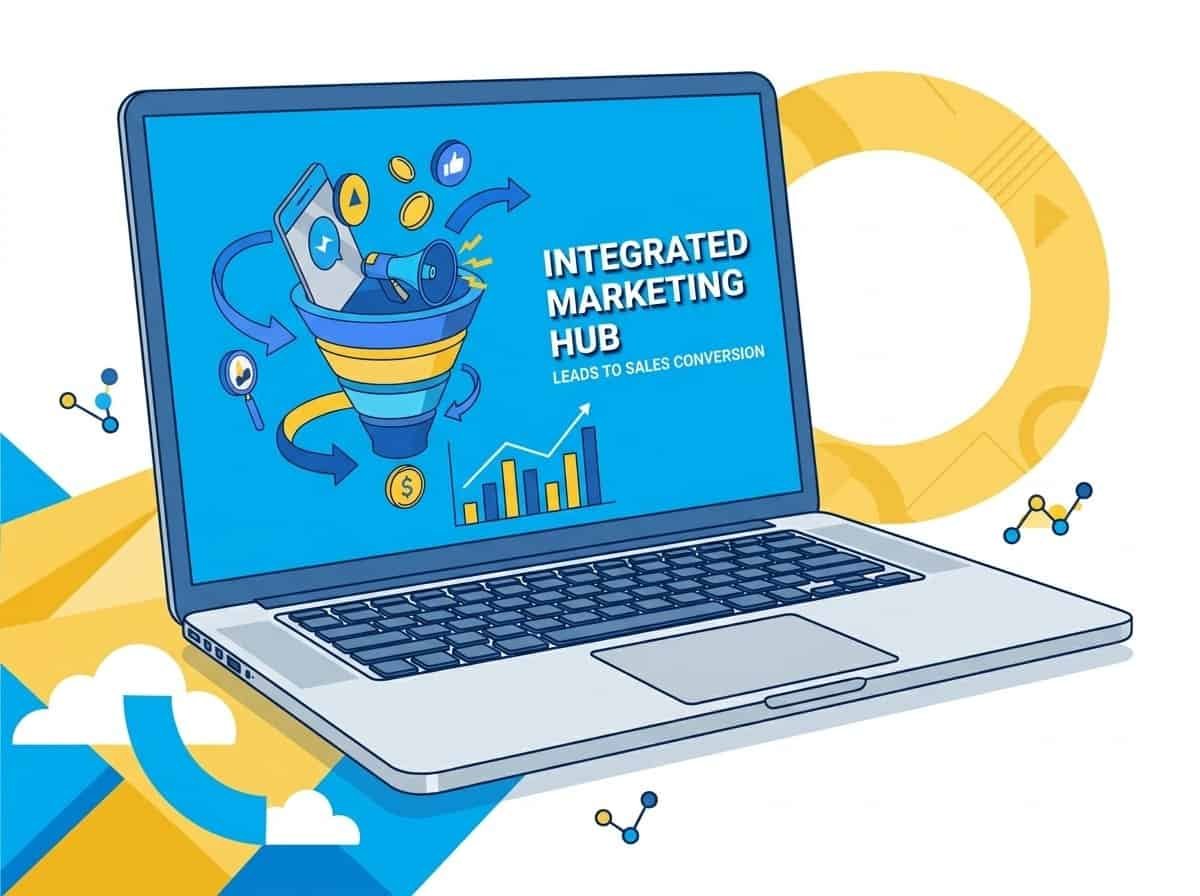 Laptop screen showing integrated marketing funnel converting leads into sales through PPC advertising