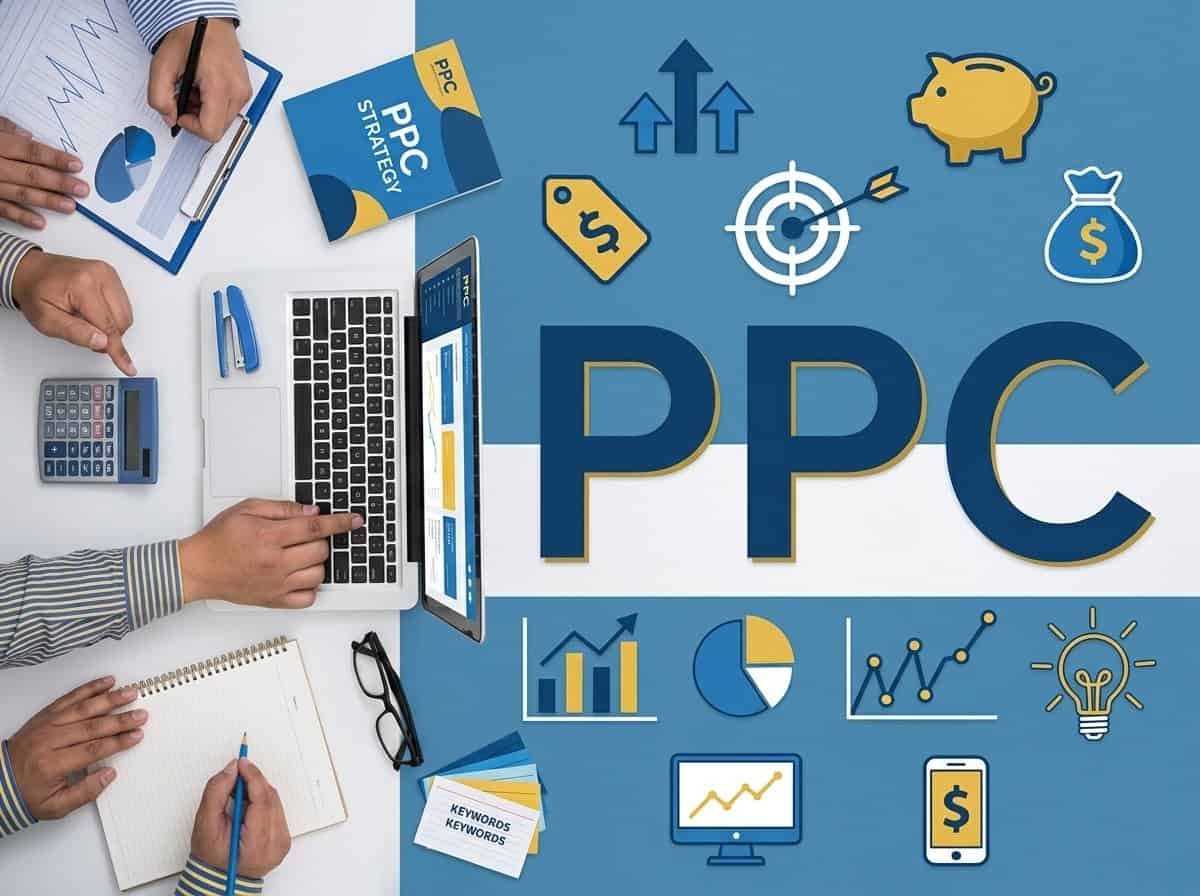 Team analyzing PPC strategy charts, graphs and keywords on a desk with laptop and notebooks