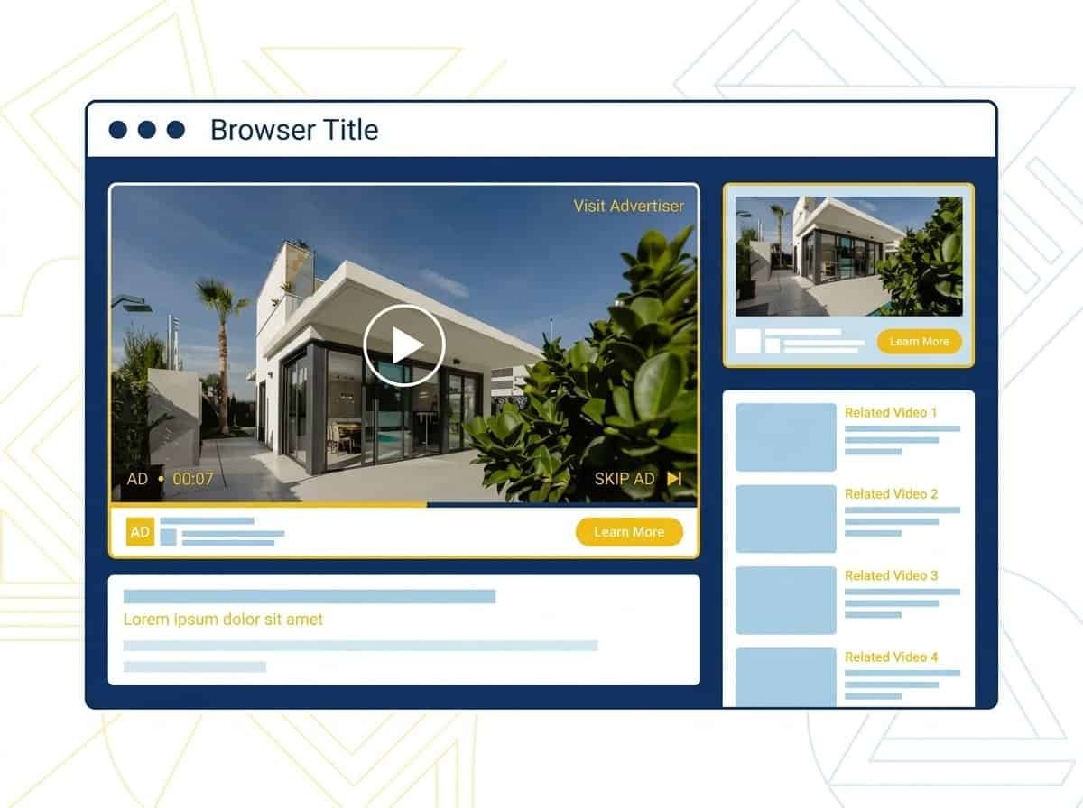 Example of a video PPC ad campaign shown on a browser interface with skip ad and learn more buttons