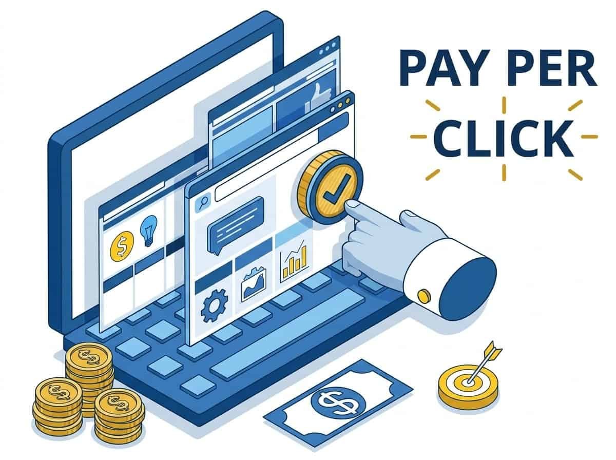 Isometric illustration of pay per click advertising concept with laptop, dollar coins and target icon