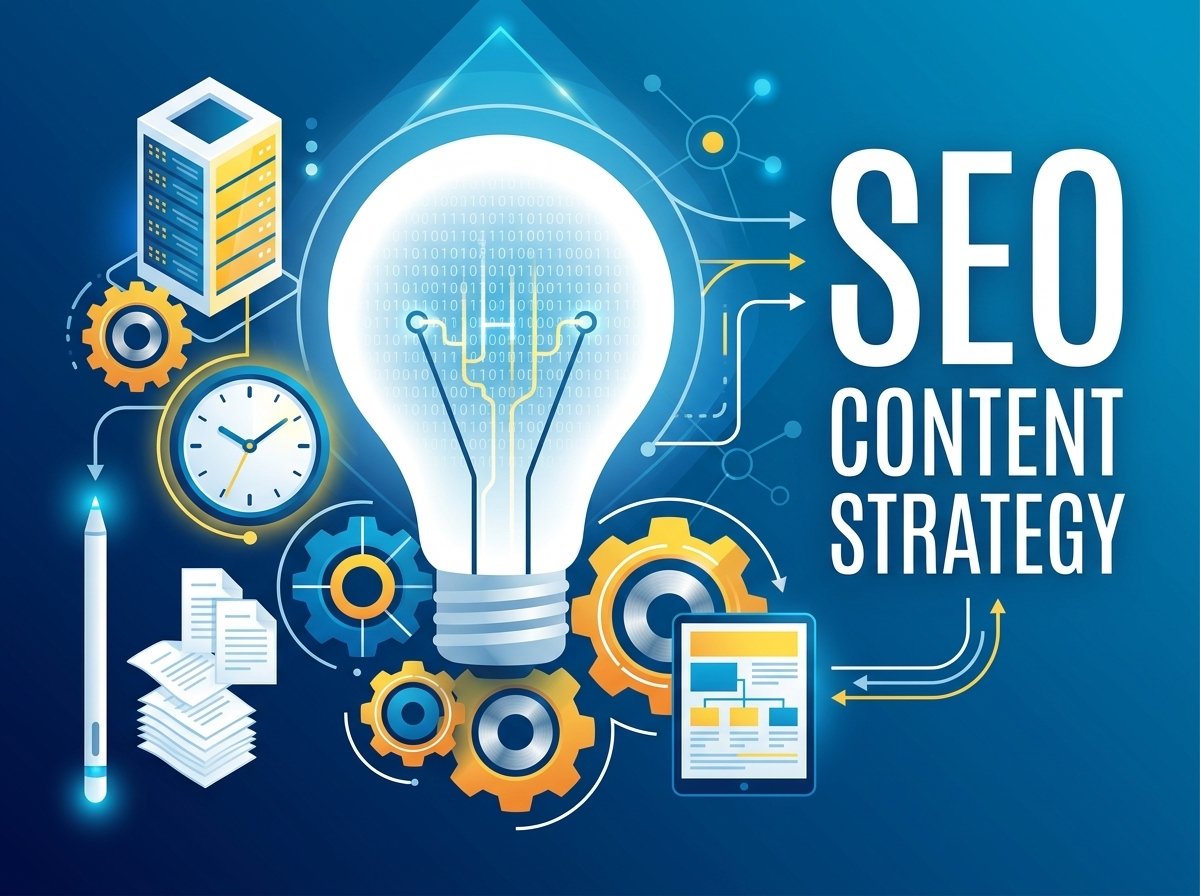 Content strategy illustration with idea bulb, gears and analytics representing Dropnad's content planning process