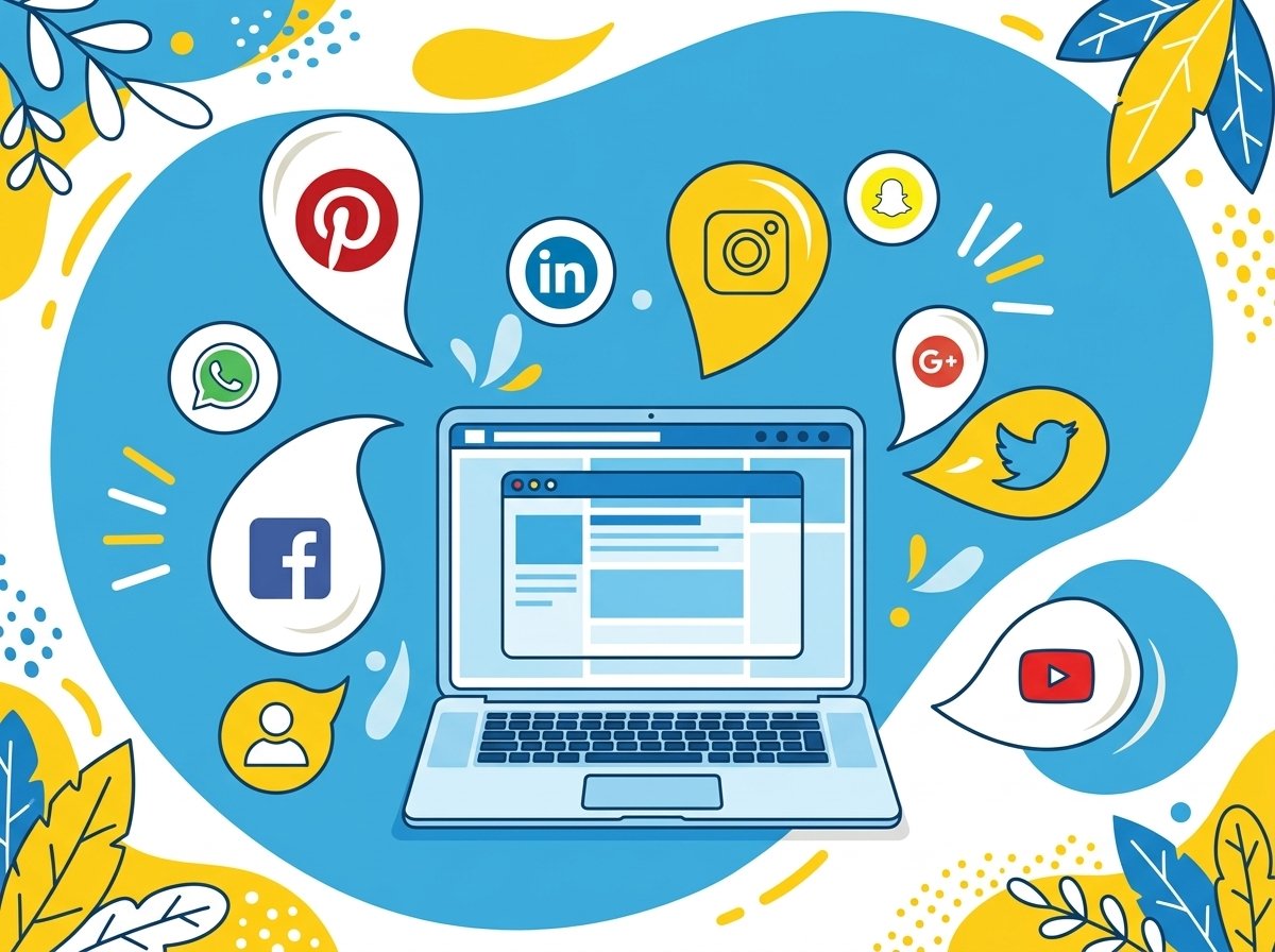 Social media marketing icons including Facebook, Instagram, and LinkedIn on laptop screen by Dropnad