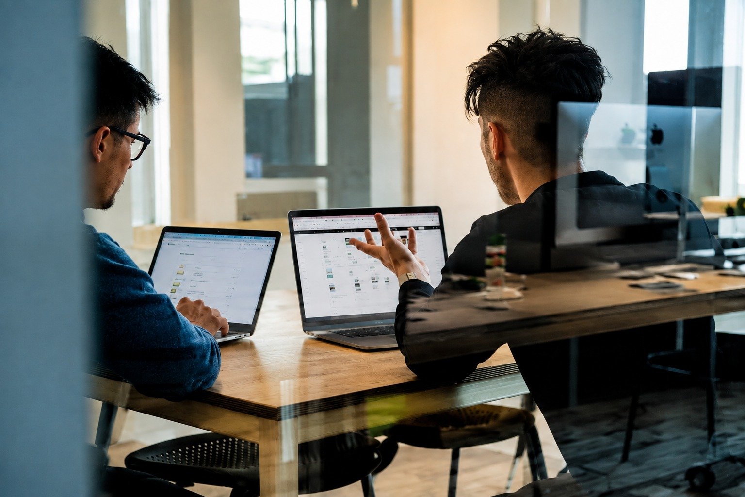 Two digital marketing professionals reviewing website analytics on laptops